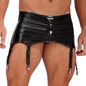 Calzoncillos para hombre, ligas de charol con cremallera Sexy Wetlook con Clips de Metal, lencería, ropa de dormir, disfraz de escenario para Club