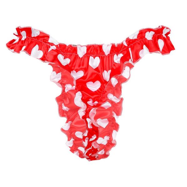 Sous-vêtements hommes Sissy Lingerie sous-vêtements doux brillant volants froufrous Bikini slips string mâle coupe haute ouvert BuPanties