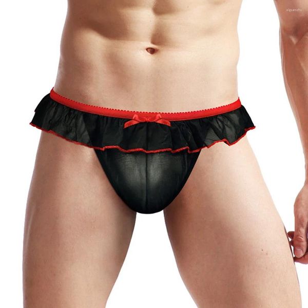 Sous-vêtements hommes Sissy culottes maille sous-vêtements respirants volants dentelle florale nœud papillon sexy slips doux transparent string string gay