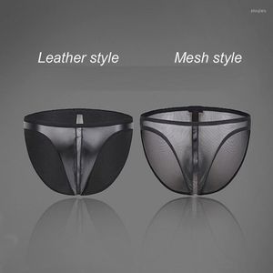 Sous-vêtements pour hommes sous-vêtements Transparent taille basse Faux cuir couture maille Gay culotte Sexy sauvage slips Bikini Nylon