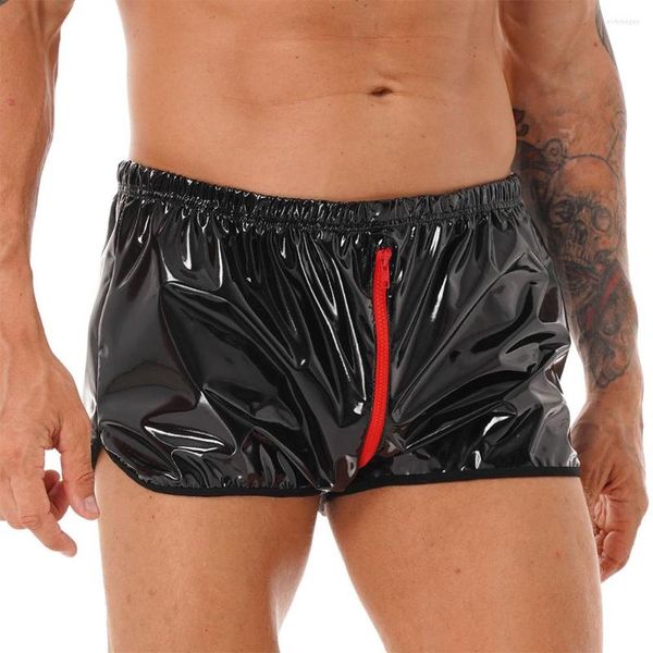 Calzoncillos para hombre con aspecto mojado, pantalones cortos con cremallera de piel sintética, ropa interior, calzoncillos tipo bóxer, bañadores, pantalones cortos, Boxershorts con entrepierna abierta, eróticos