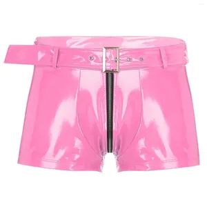 Onderbroeken Heren Wetlook Lakleer Boxershorts Met Riem Rits Kruis Slips Ondergoed Broek Nachtclub Paaldansen Nachtkleding