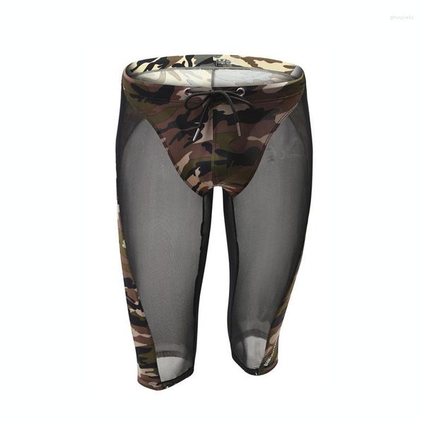 Calzoncillos Boxers de malla Camuflaje Hombres Ropa interior Cintura elástica Transpirable Deporte Boxer Culturismo Flaco Boxershort Baselayer Medias