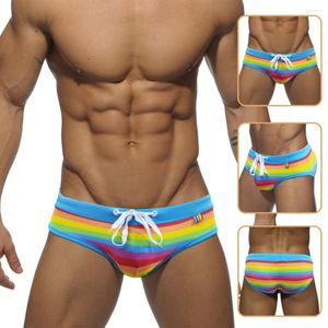 Underpants Mid-rise High Elasticity Swimming Trunks With U-convex Cup Men Rainbow Striped Print Drawstring Surf Briefs Beachwear Swimwear