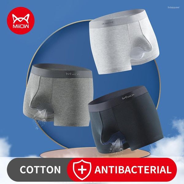 Calzoncillos MiiOW 3 unids boxers de algodón pantalones cortos protección de la entrepierna sexy troncos hombre ropa interior boxeador hombres freegun malla transpirable panty