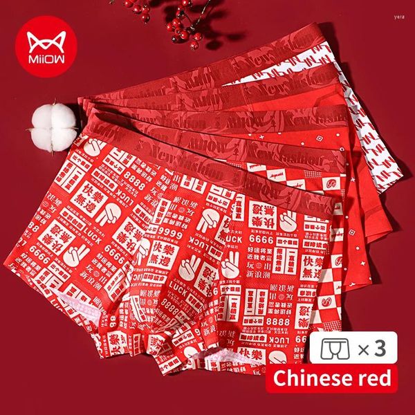 Calzoncillos MiiOW 3 unids Año de la moda Impresión roja Ropa interior para hombre Boxer 7A Antibacterial Entrepierna de algodón Bragas masculinas Boxeadores para hombres