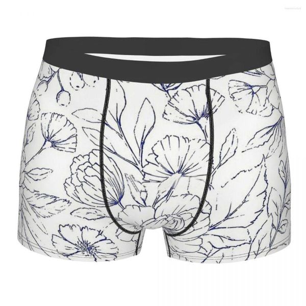 Caleçon Moderne Dessiné À La Main Bleu Marine Blanc Élégant Motif Floral Coton Culotte Homme Sous-Vêtements Ventiler Shorts Boxer Briefs