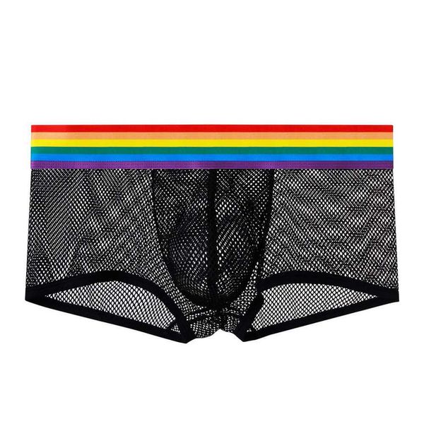 Slip New Sexy Men Rainbow Sous-Vêtements Boxers Respirant Mesh Évider Trou Shorts Culotte Homme Lingerie Cuecas J230713