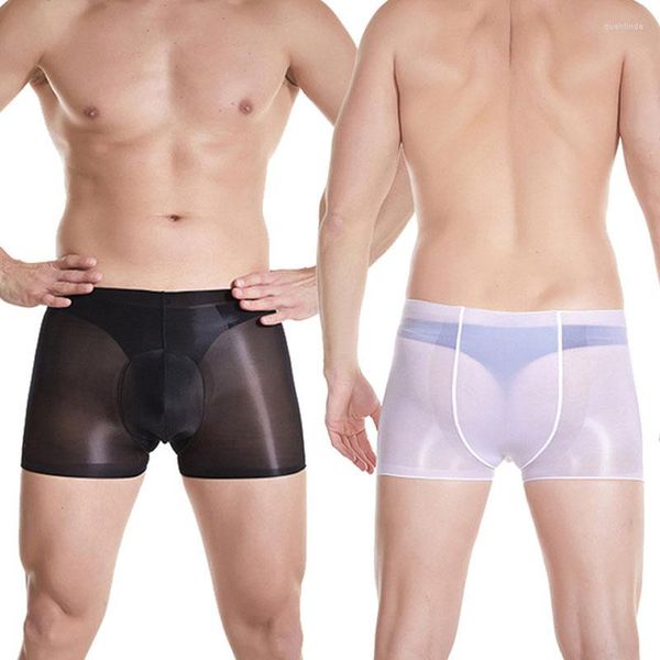 Caleçon huile Gloosy brillant U convexe poche boxeurs Ultra mince Transparent hommes sous-vêtements Sexy fétiche Gay sans couture Nylon Lingerie