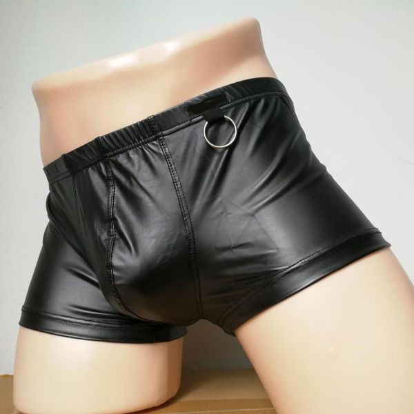 Calzoncillos Bragas Hombre sexy Cuero de imitación U Ropa interior convexa PU Boxer Homme Sissy Lencería Suave Cómodo Negro