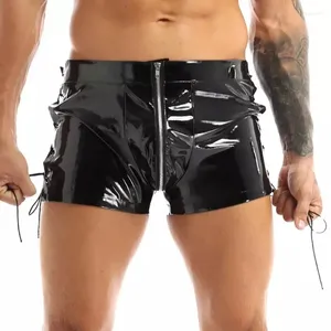 Boxer en cuir verni pour homme, sous-vêtement brillant en PVC miroir, fermeture éclair, entrejambe ouvert, sangle croisée, culotte masculine