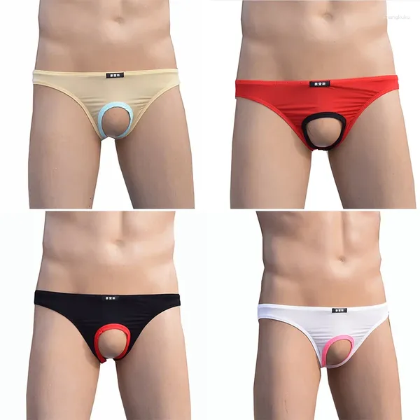 Sous-vêtements pénis poche trou creux slips hommes lingerie sexy hommes sous-vêtements en soie ouvert avant culotte fétiche Tanga