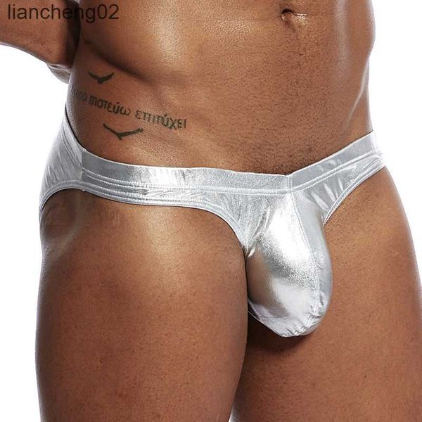 Calzoncillos Pinky Senson Ropa interior de piel sintética para hombre Calzoncillos brillantes sexy Calzoncillos Bulge Bolsa Club Bragas Pantalones cortos dorados y plateados S04BR W0412