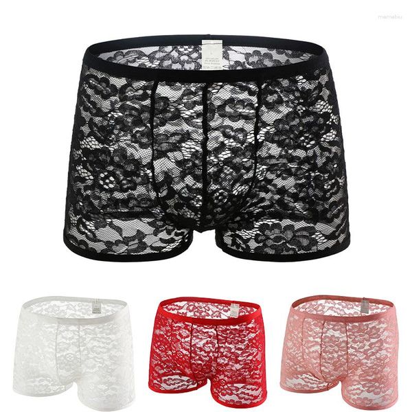 Calzoncillos Tallas grandes para hombre Bragas de malla de encaje Sólido Hueco Floral Sexy Boxers Low Rise Slim Lift Hips Lencería Transparente Pene Bolsa Pantalones cortos