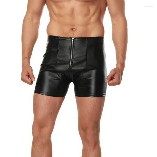 Calzoncillos de talla grande de cuero Sexy para hombre, calzoncillos tipo bóxer, lencería para hombre, suspensorio Gay, exótico, negro, entrepierna abierta, calzoncillos de vinilo, ropa interior