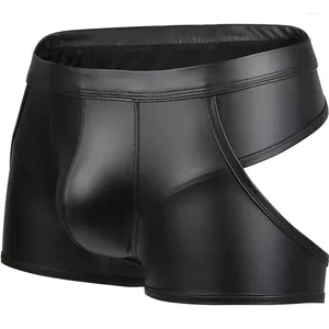 Sous-vêtements grande taille sexy hommes boxeurs évider faux cuir lingerie scène u poche convexe noir brevet shorts sous-vêtements