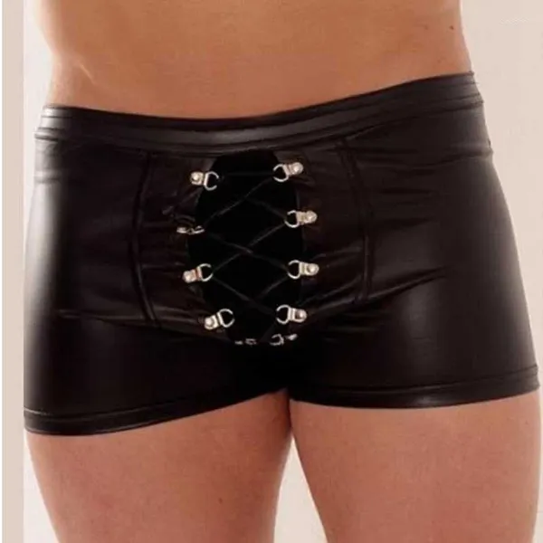 Calzoncillos de talla grande para hombre, Boxers sexys con entrepierna abierta, lencería de piel sintética, cordón de escenario, pantalones cortos de patente negros de PVC, ropa interior