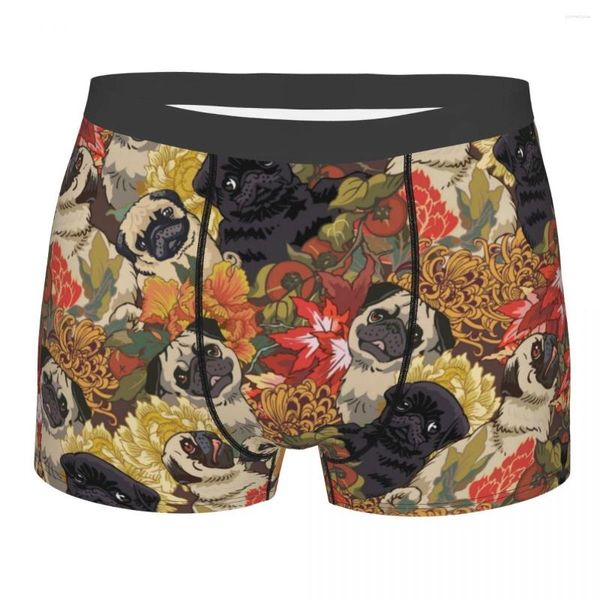 Calzoncillos Boxer impreso porque Pugs otoño flor pantalones cortos bragas calzoncillos hombres ropa interior lindo perro poliéster para hombre