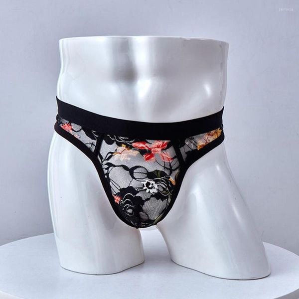 Calzoncillos estampado floral tanga hombre transparente hombres ropa interior sexy ver a través de encaje breve mini bikini homme erótico sexo pantalón