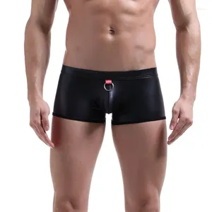 Sous-vêtements en cuir PU hommes Boxer Shorts sous-vêtements Sexy Bugle poche mâle culotte taille basse boxeurs Gay Club scène spectacle de fête