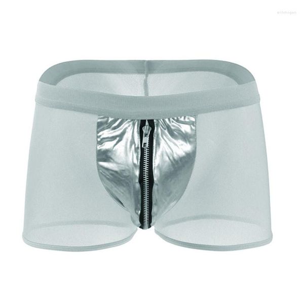 Caleçon en cuir PU fermeture éclair glace soie hommes sous-vêtements boxeurs Sexy mince Transparent mâle confortable couleur unie érotique Boxershorts