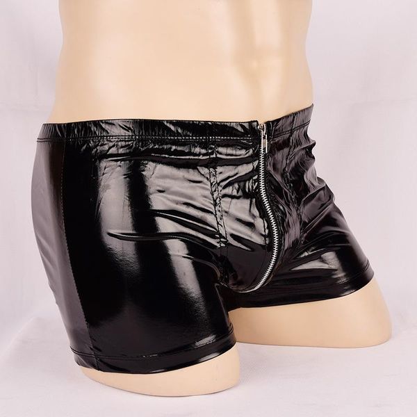 Calzoncillos PVC charol Pleather hombres negro Sexy entrepierna abierta ropa interior cremallera brillo bolsa Gay erótico Boxer