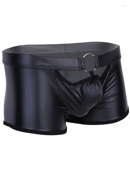 Calzoncillos S-5XL Faux PU Boxershorts de cuero Anillo de metal Bolsa convexa Boxer para hombre SS Hollow Out Trunks Medias Sexy Calzoncillo Ropa interior