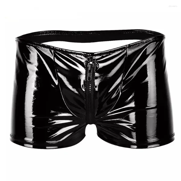 Sous-vêtements S-5XL Plus Taille Sexy Mens Boxers PVC Faux Cuir Zip Pouch Boxer Shorts Hommes Fetish Sous-vêtements Ouvert BuClub Culotte Gay Trunks