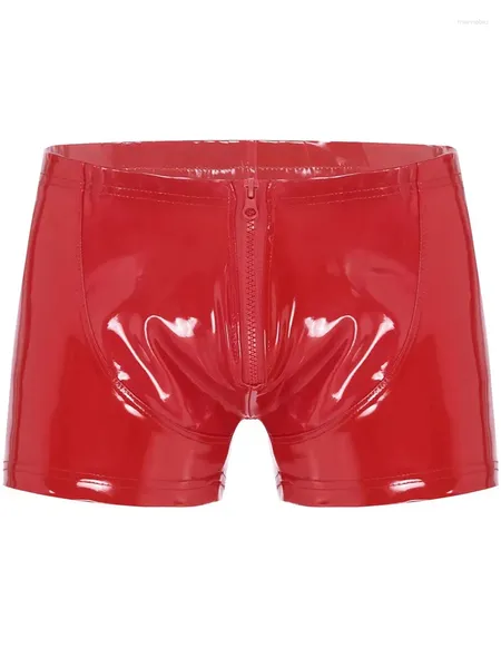 Calzoncillos S-5XL Wet Look PVC Calzoncillos tipo bóxer para hombre Pantalones cortos de cuero PU brillante Troncos con cremallera Calzoncillos sexy ajustados Calzoncillos Mini Bermudas