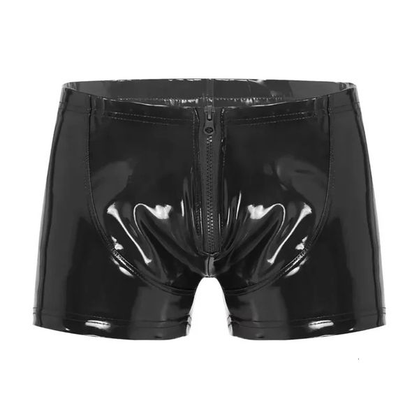 Calzoncillos S5XL Hombres sexy Boxer Short Fetish Ropa interior Bragas Brillante Patente Cuero Exótico Cremallera Metálica Pantalones cortos Traje de baño Playa 231212