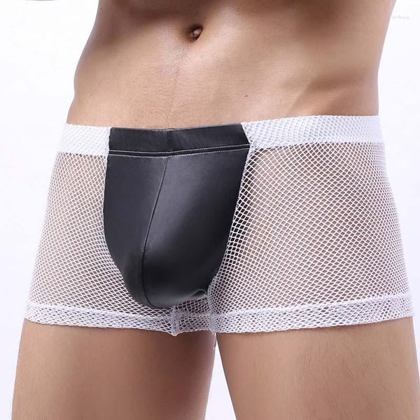 Calzoncillos de malla transparente para hombre, ropa interior, Boxers sexy empalmado de cuero sintético, bolsa para pene, Boxershorts, lencería erótica gay, bragas masculinas