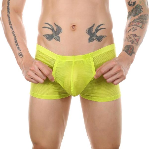 Sous-vêtements Sexy Boxer Shorts pour hommes Sac d'activité Mesh Pantalon d'angle plat Respirant Ouvert Entrejambe Sous-vêtements et