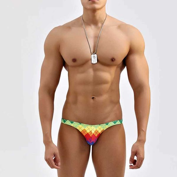 Sexy grille colorée géométrique maillot de bain pour hommes côté étroit ultra-basse taille serré maillot de bain pour hommes bikini maillot de bain J240328