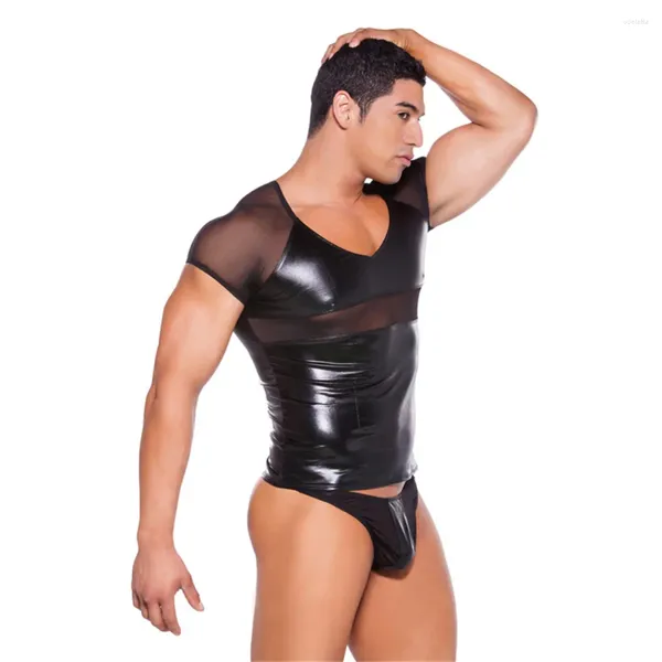 Sous-vêtements Sexy Érotique Mâle Lingerie Ensemble En Cuir Transparent G-Strings Gay Tongs À Manches Courtes Réservoir Vinyle Culotte Sous-Vêtements Pour Hommes