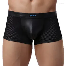 Sous-vêtements Sexy Gay Underwea Hommes Boxers Shorts Noir Faux Cuir Mesh Culotte Homme Taille Basse Poche Cueca Masculinas S-L