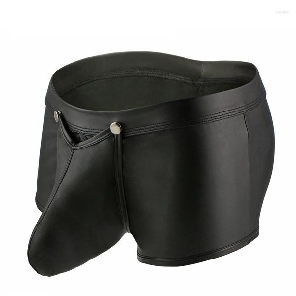 Calzoncillos Sexy Gay Ropa interior Hombres Negro Faux Leather Boxers Shorts Hombre Hebilla Cintura baja Bolsa desmontable