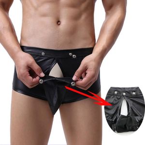 Caleçon Sexy sous-vêtements gai hommes Boxer Faux cuir exotique ouvert entrejambe culotte bouton gros pénis poche noir PU hommes Boxershorts