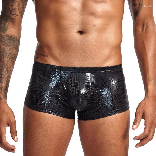 Calzoncillos Sexy Gay Ropa interior Hombres Boxers Piel de serpiente PU Cuero Pene Cintura baja U Bolsa convexa Cueca Masculina Talla grande M-XXL