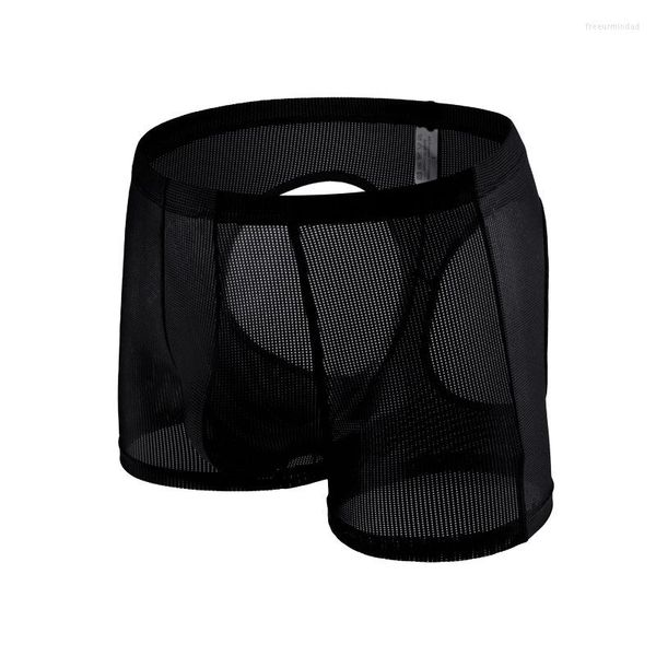 Caleçon Sexy sous-vêtements gai hommes boxeurs Shorts respirant maille creux dos string homme culotte Lingerie érotique pénis poche solide