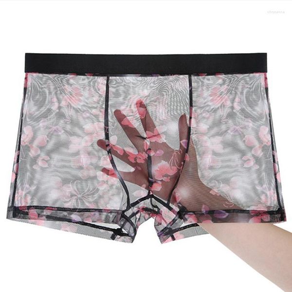 Calzoncillos Sexy de encaje elástico transparente transpirable sin costuras para hombre ropa interior de malla de seda de hielo estampado de cintura media Boxers A9