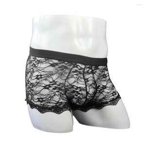 Calzoncillos de lencería sexy Calzoncillos para hombres Ropa interior de encaje Malla transparente Cintura baja Boxer para hombres Algodón