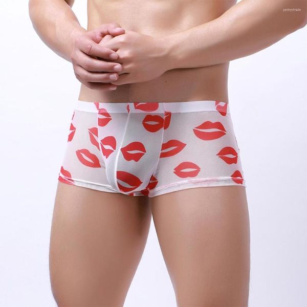 Caleçon Sexy Lèvres Imprimé Sous-Vêtements Hommes Transparent Boxer Briefs Bulge Poche Culotte Mâle Saint Valentin Mari Cadeau Mans