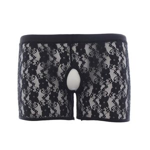 Calzoncillos Calzoncillos tipo bóxer negros para hombre sexy Perspectiva Calzoncillos de encaje floral Erótico Entrepierna abierta Ropa interior elástica transpirable para hombreCalzoncillos