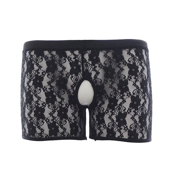 Caleçon Sexy Hommes Noir Boxer Shorts Perspective Floral Dentelle Mémoires Érotique Ouvert Entrejambe Mâle Élastique Respirant Sous-VêtementsSous-Vêtements