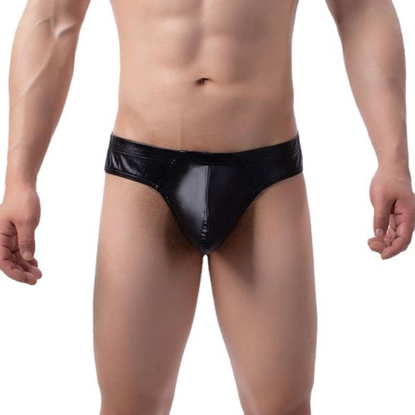 Sous-vêtements Sexy Hommes Faux Cuir String Bas Poignet Sous-Vêtements Mini Slip Mâle Élastique Maille Voir À Travers Gay Lingerie Bikini