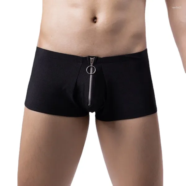 Calzoncillos Boxer para hombre sexy, ropa interior con bulto, resbalón rojo, negro, frente abierto, bragas Gay con cremallera, cintura baja, Boxers para hombre