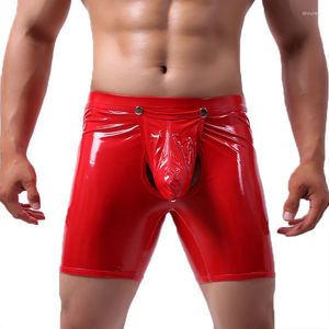 Slip Sexy Hommes Boxer Shorts Lingerie Bouton Ouvert Entrejambe Culotte Latex Brillant Clubwear PU Cuir Long Boxershorts Gay Trunks Plus La Taille