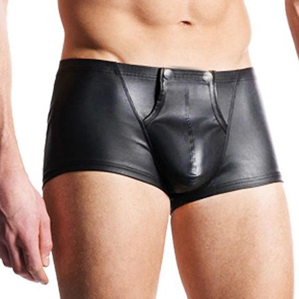 Calzoncillos Hombres sexy Boxers Charol negro Entrepierna abierta Lencería falsa Etapa U Bolsa convexa Pantalones cortos Ropa interior M / L / XL / XXL Calzoncillos