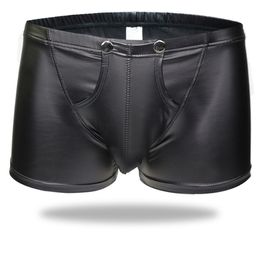Onderbroek Sexy Men Boxers Open Crotch Faux Leather Lingerie Stage U Convex Pouch Black Patent Shorts Gay Mens Underwear 230420