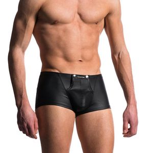 Onderbroek Sexy Men Boxers Open Crotch Faux Leather Lingerie Stage U Convex Pouch Black Patent Shorts Underwear298P